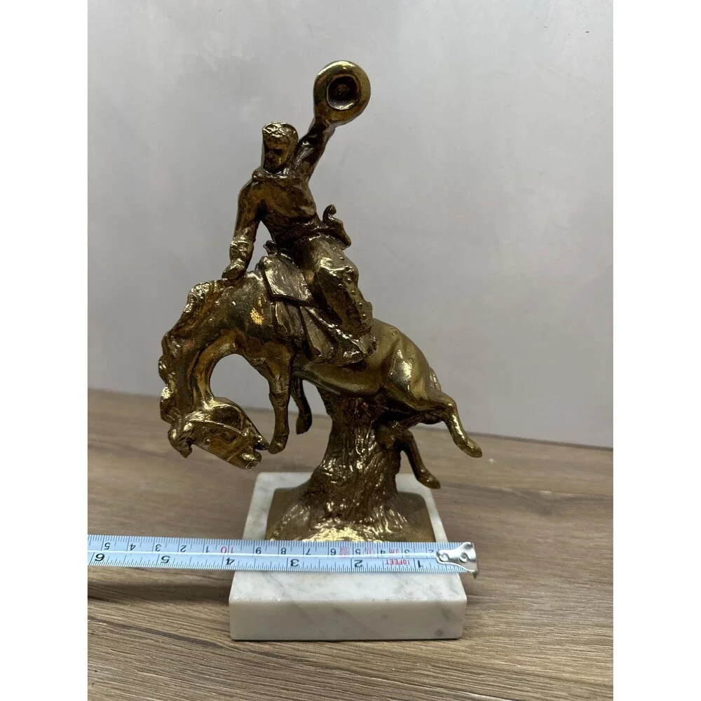 Vintage Brass Plated Bronze Bronco Buster Cowboy Statue, Marble Base Paul Herzel